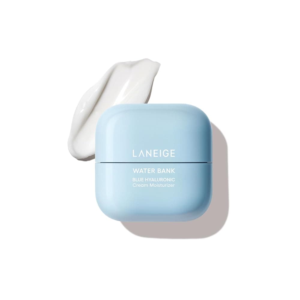 Laneige Water Bank Blue Hyaluronic Cream jar with cream swatch